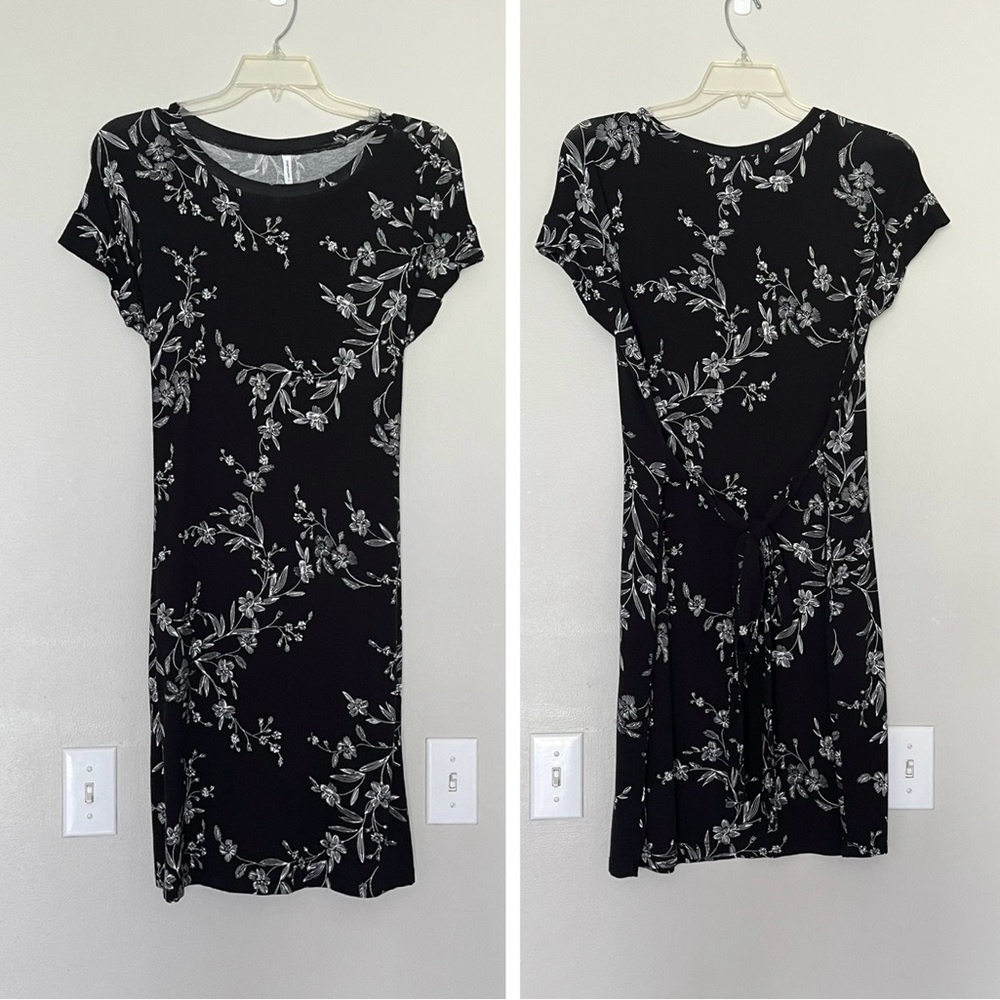 Popyoung Black and White Floral Tie Back Dress - Size XL
